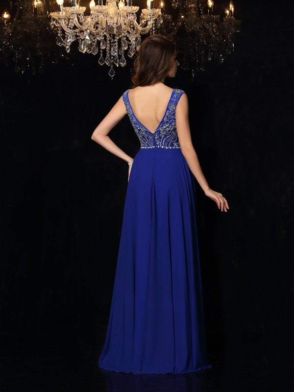 A-Line/Princess Scoop Beading Sleeveless Long Chiffon Dresses