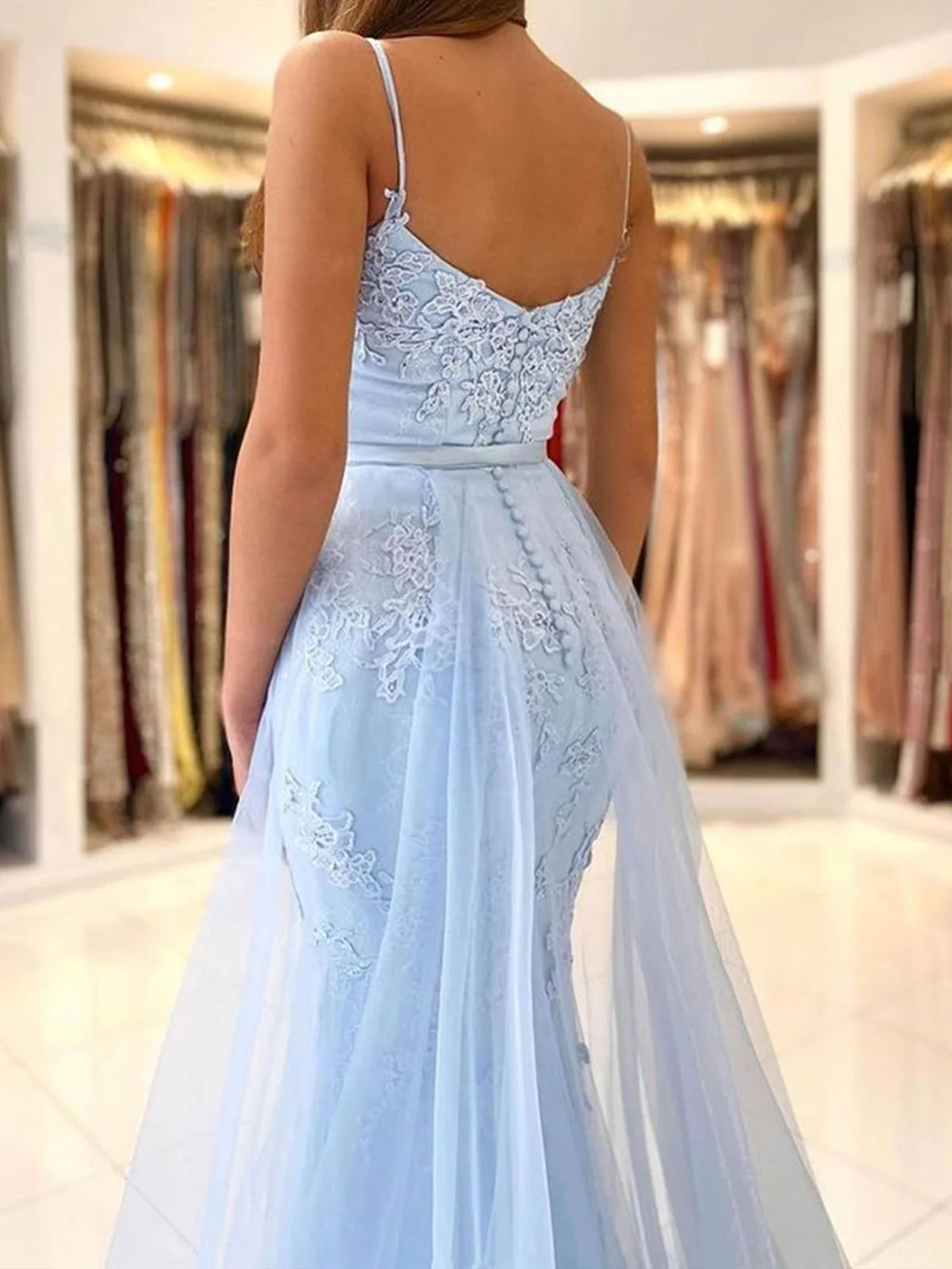 Sky Blue Lace Mermaid Prom Dresses