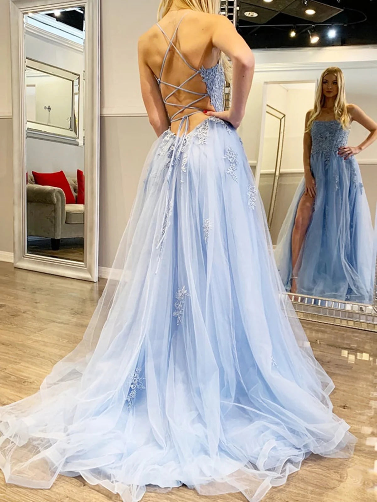 Backless Blue Lace Prom Dresses Open Back Light Blue Lace Formal Graduation Dresses