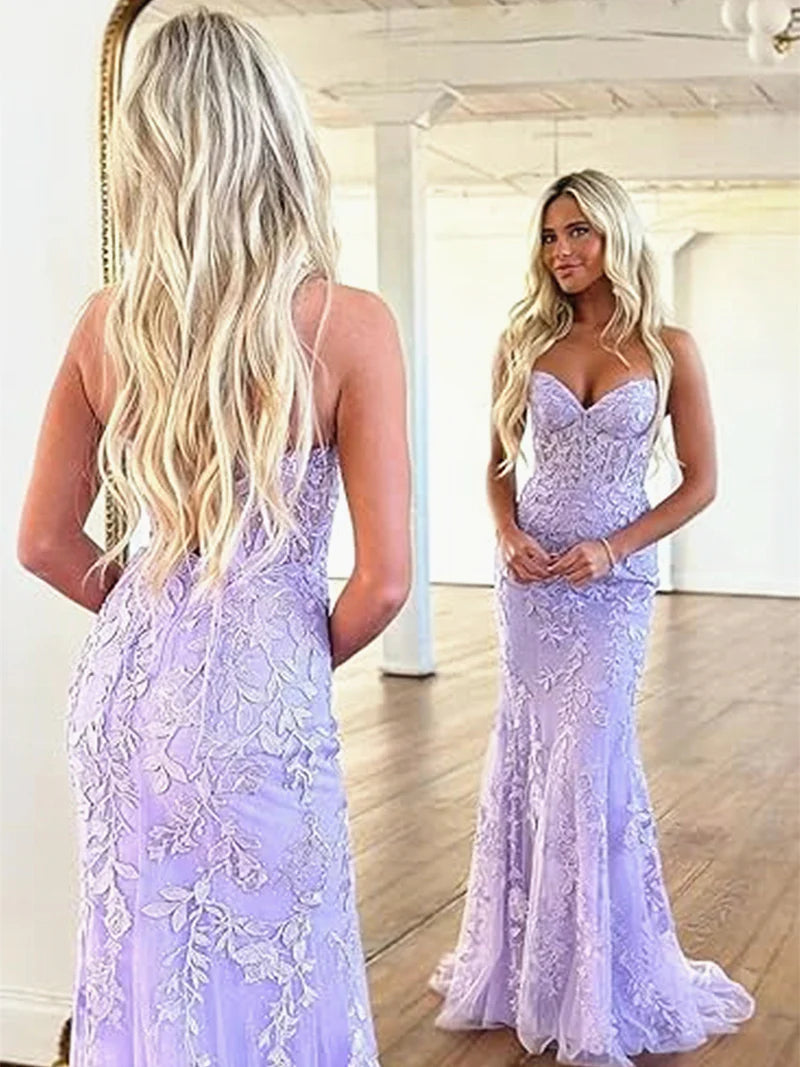 Strapless Red Blue Black Purple Lace Mermaid Long Prom Dresses