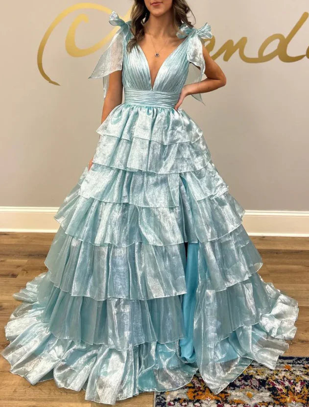 V-neck Open Back Ball Gown Long Prom Dress with Ruffle Skirt