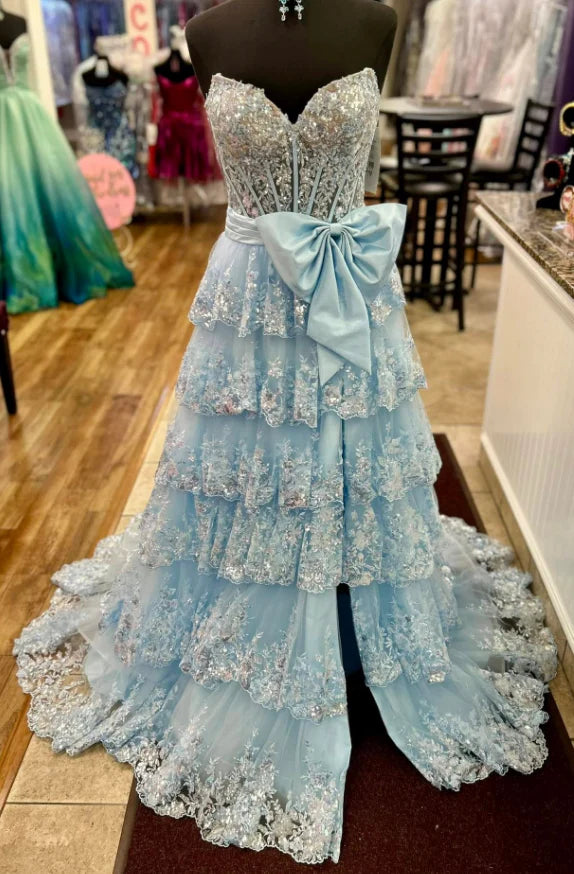 Strapless Sparkly Lace Long Prom Dress with Bow and Ruffle Skirt