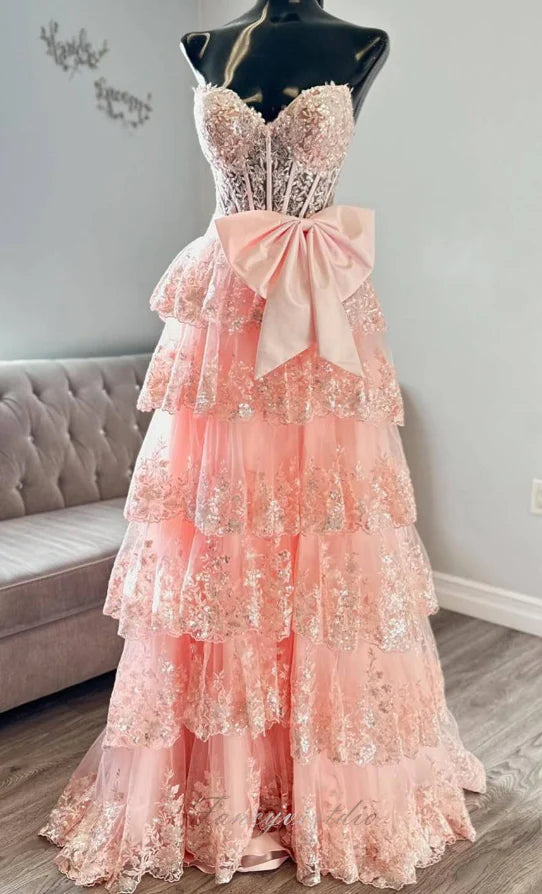 Strapless Sparkly Lace Long Prom Dress with Bow and Ruffle Skirt