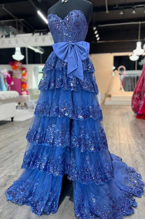 Strapless Sparkly Lace Long Prom Dress with Bow and Ruffle Skirt