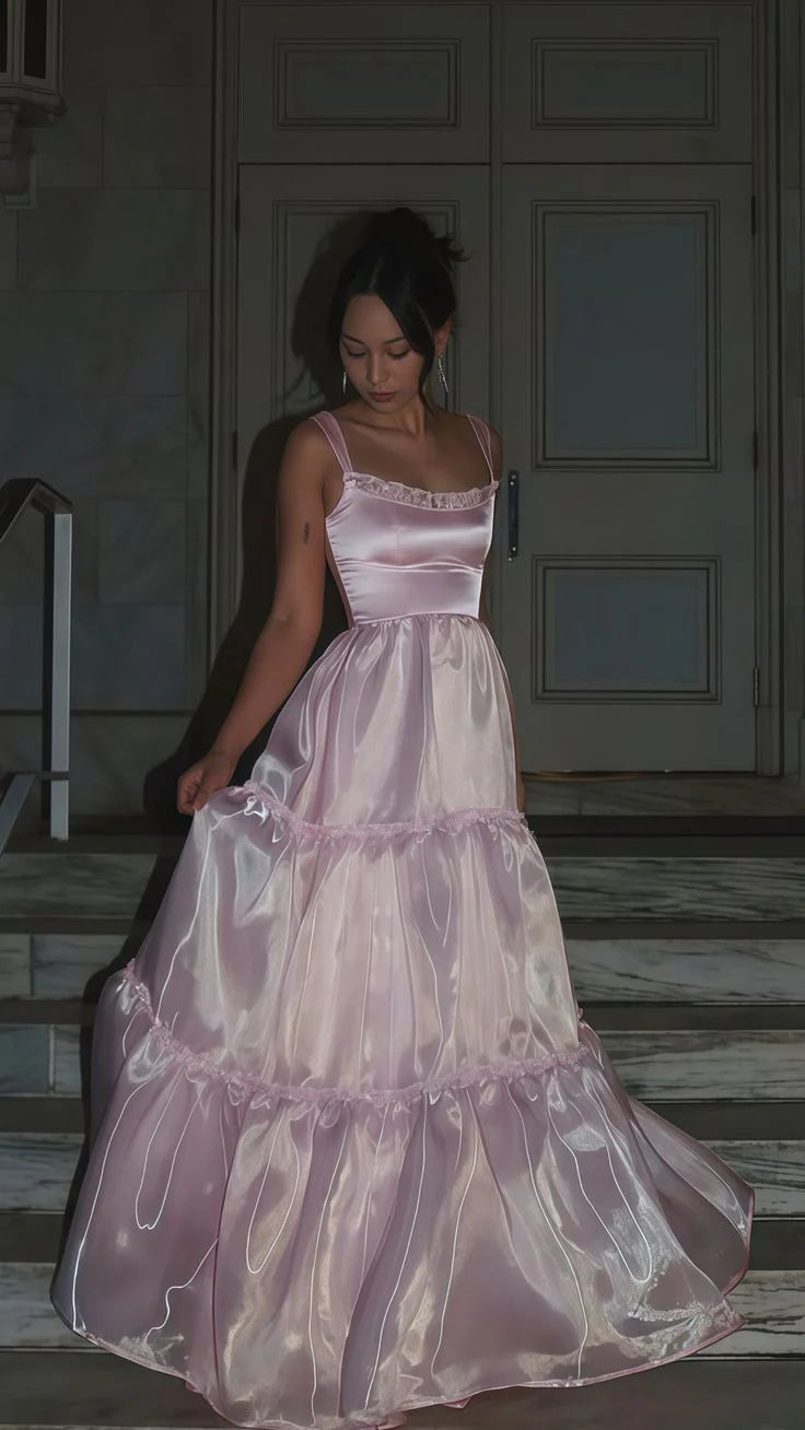 A Line Spaghetti Straps Pink Long Prom Dress with Lace