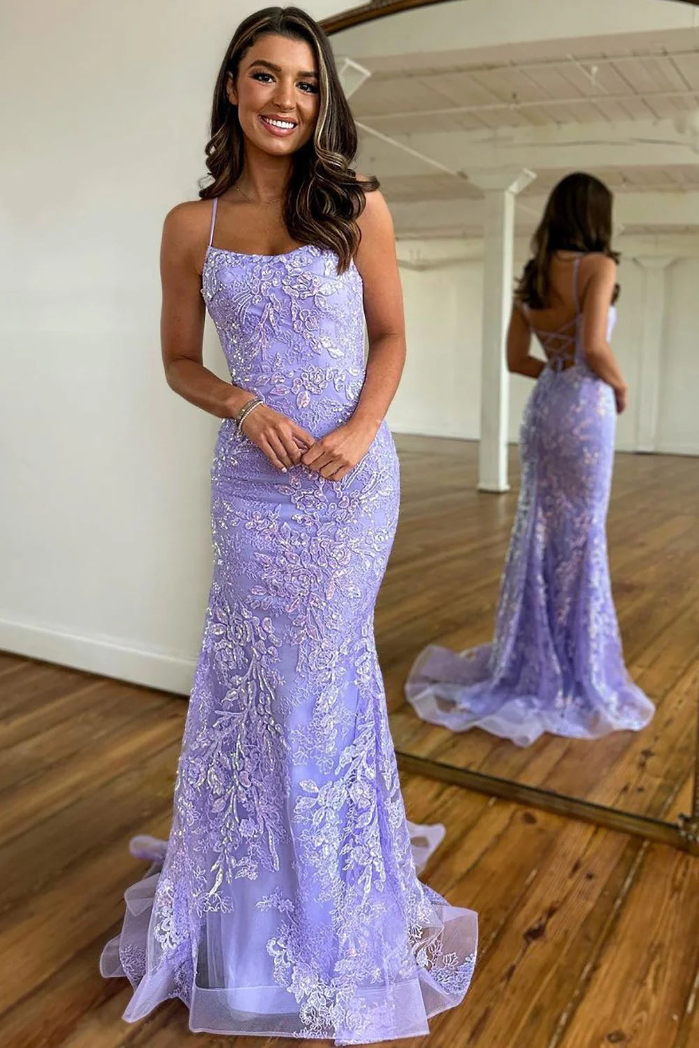 Sweet Lilac Spaghetti Straps Lace Up Long Corset Prom Dress With Appliques