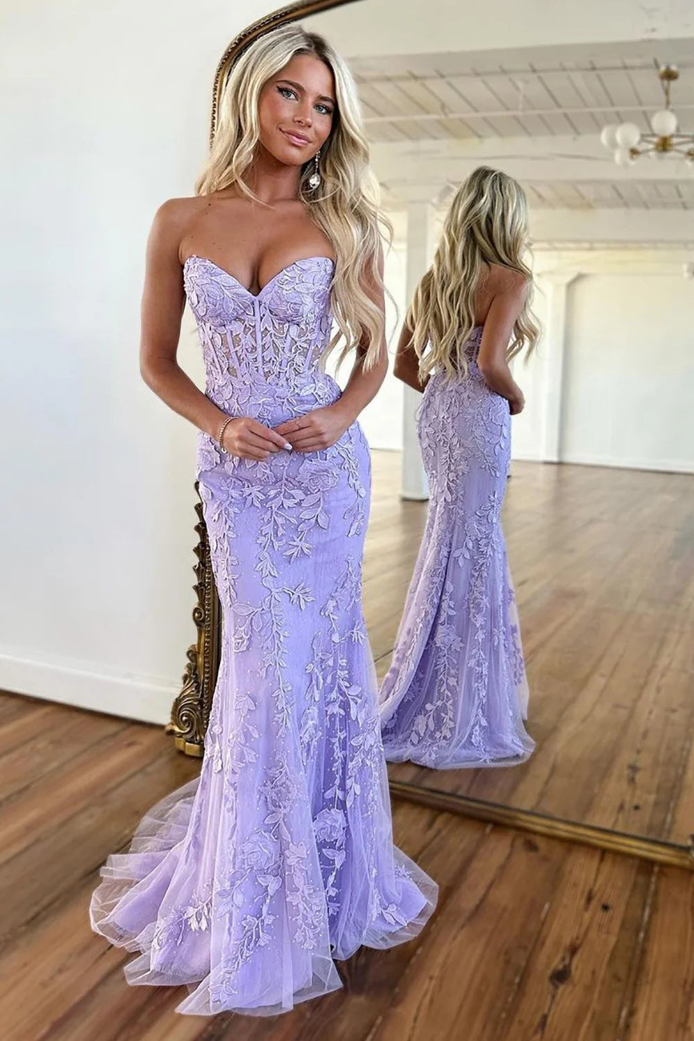 Lilac Mermaid Sweetheart Lace Up Long Tulle Prom Dress with Appliques