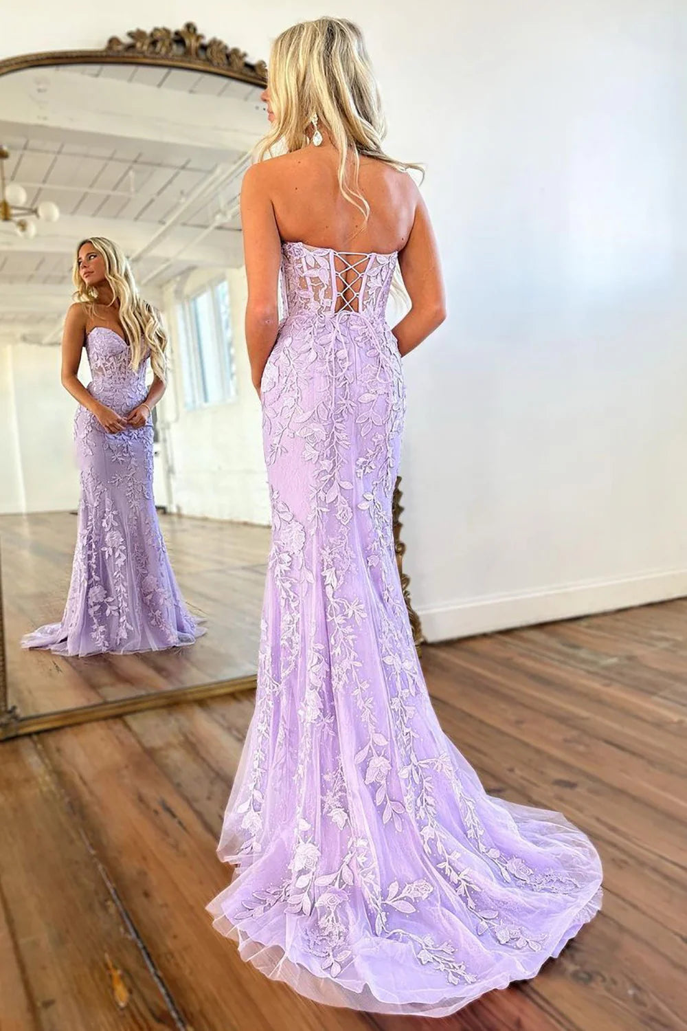 Lilac Mermaid Sweetheart Lace Up Long Tulle Prom Dress with Appliques