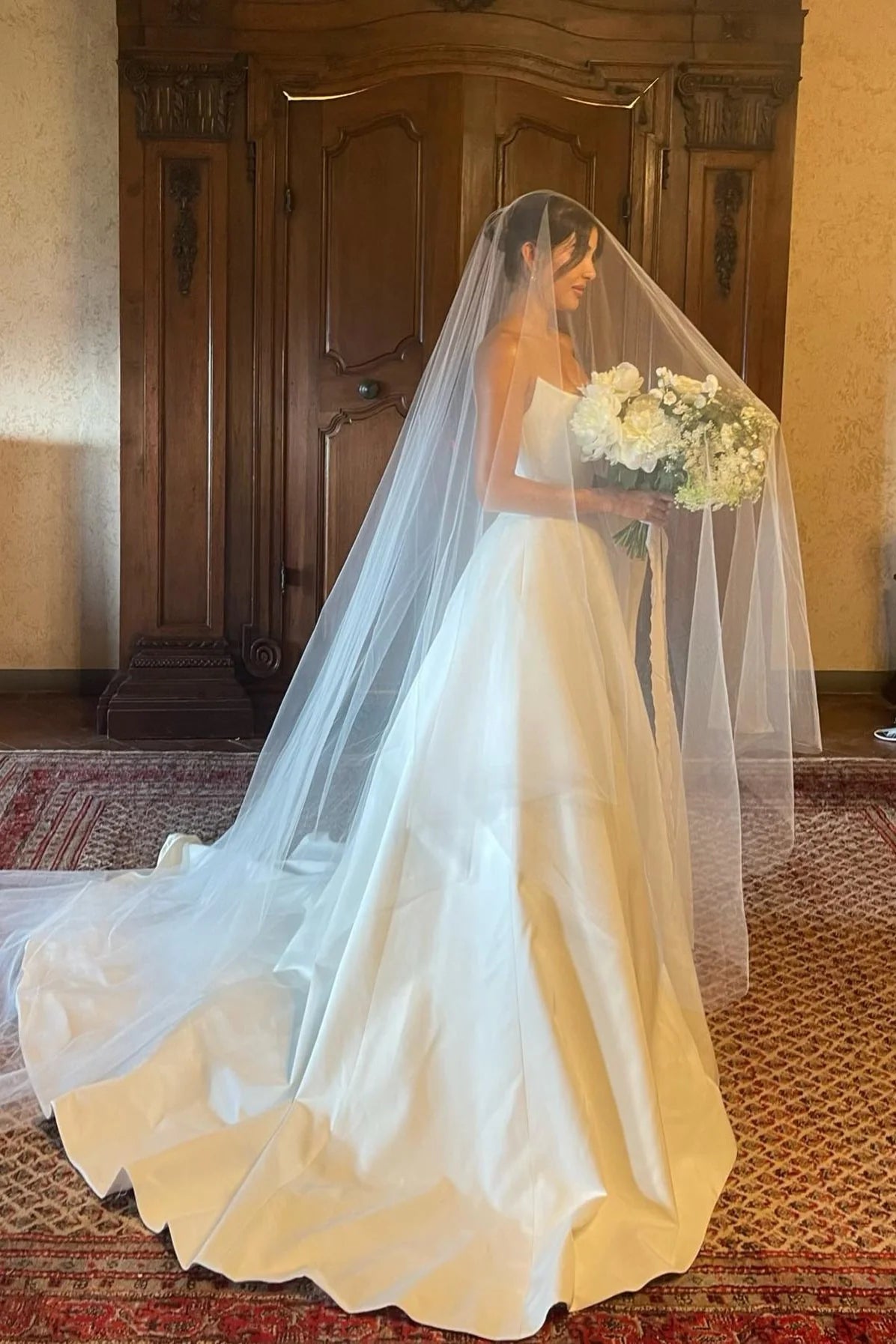 Charming A Line Strapless White Satin Long Wedding Dress with Slit