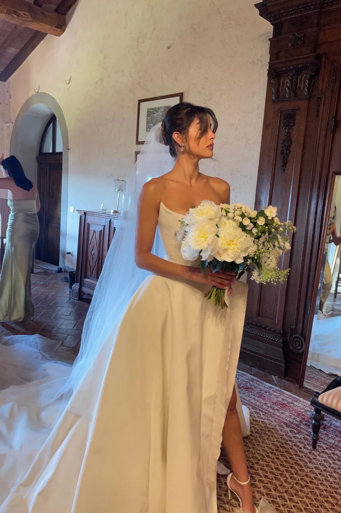 Charming A Line Strapless White Satin Long Wedding Dress with Slit