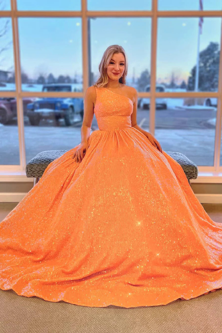 Sparkly One Shoulder A Line Sequins Prom Dress