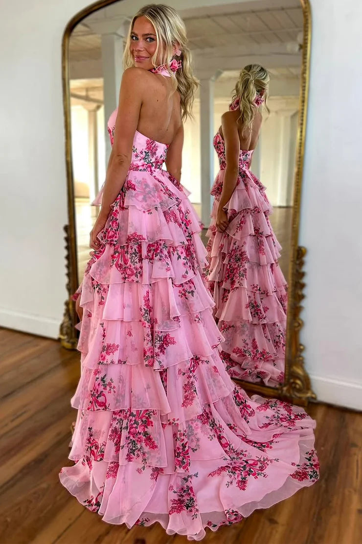 Sheath Halter Floral Printed Chiffon Tiered Prom Dress with Slit