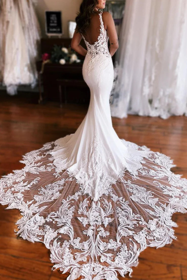 Mermaid V Neck Elastic Satin Wedding Dresses with Appliques