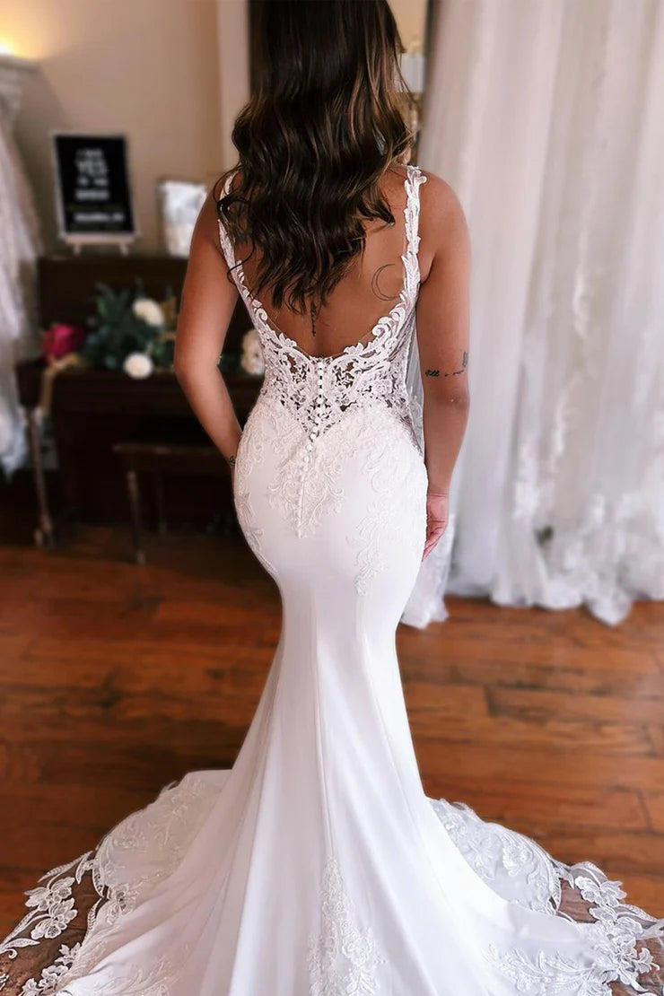 Mermaid V Neck Elastic Satin Wedding Dresses with Appliques