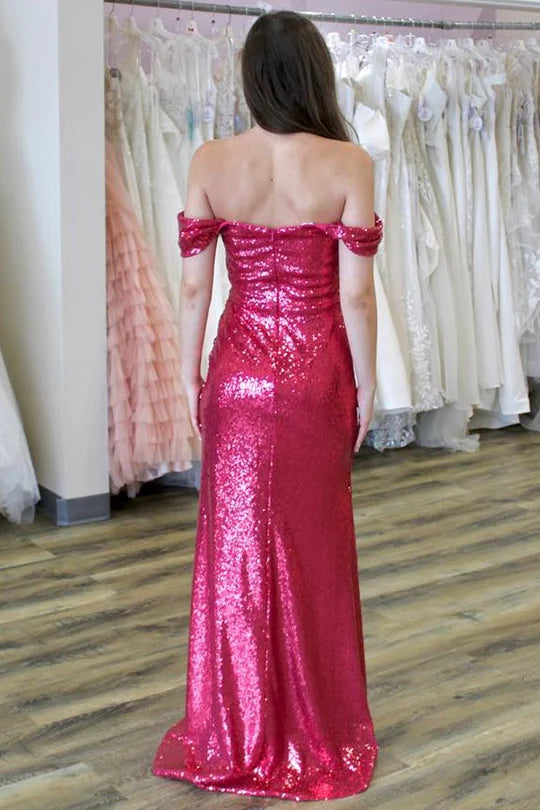 Sequin Off-the-Shoulder Ruching Long Gown with Slit