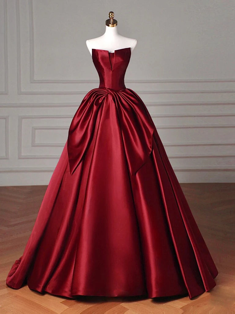 A-Line Satin Burgundy Long Prom Dress Burgundy Long Formal Dress