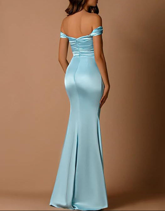 Women's Off The Shoulder Satin Prom Dresses Long Mermaid Ruched Formal Bridesmaid Dress with Slit