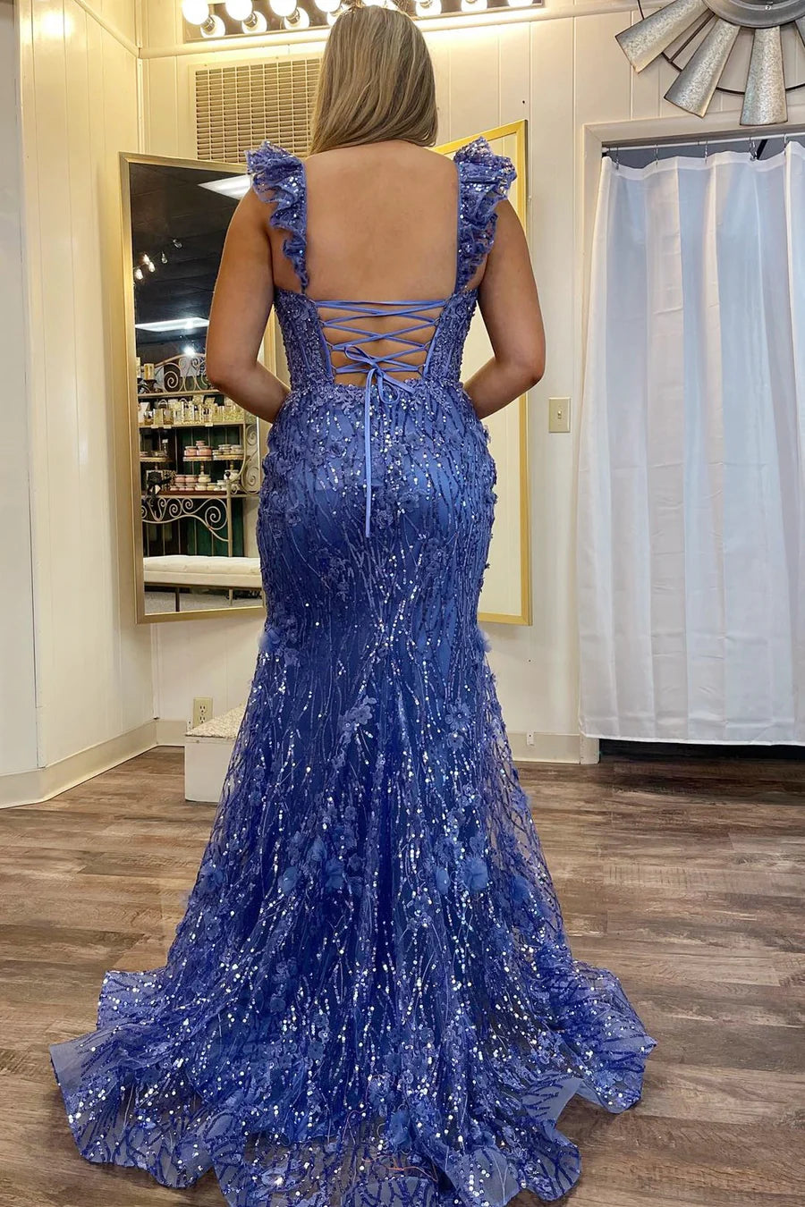 Appliques Sweetheart Flutter Sleeve Mermaid Long Prom Dress