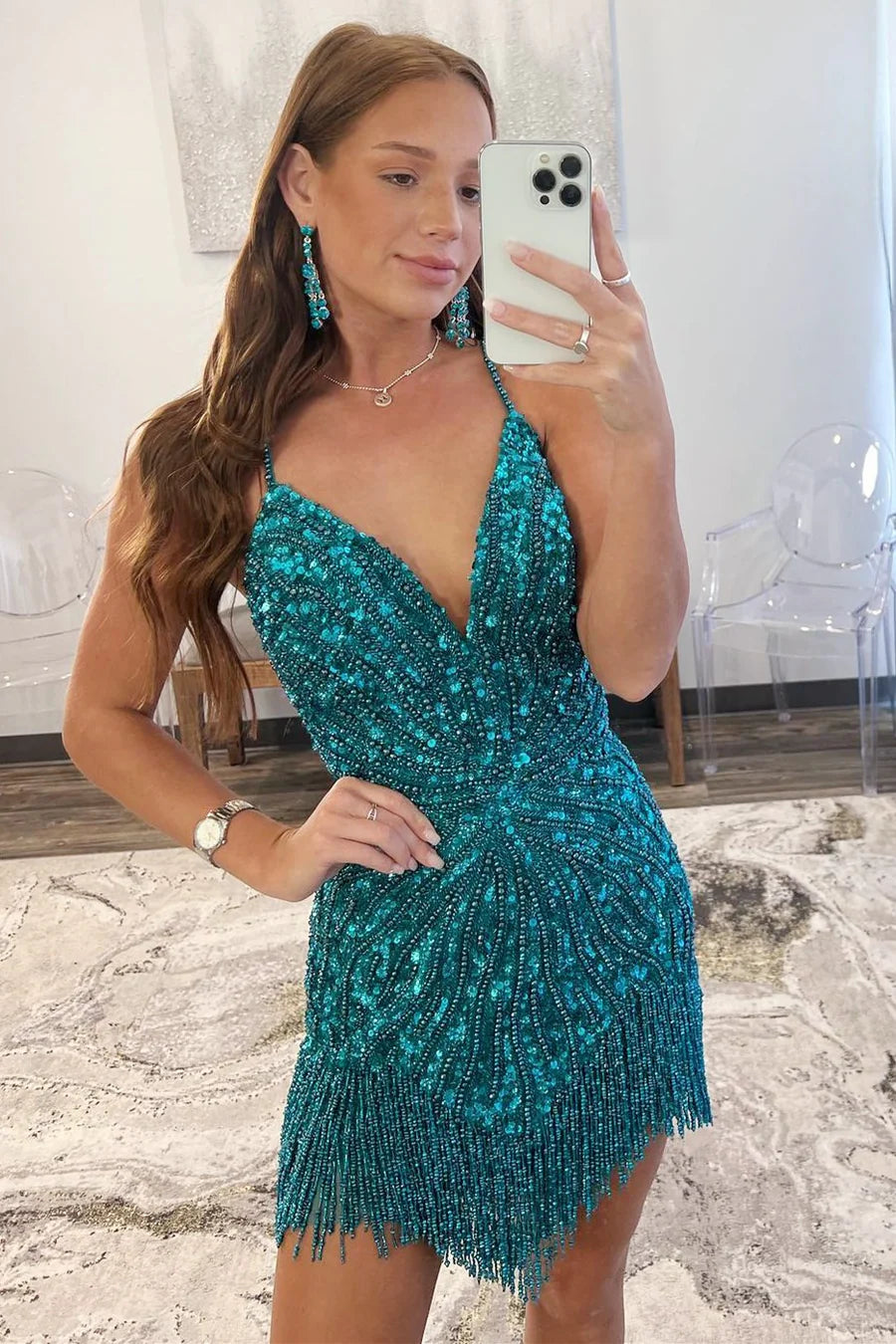 Beaded V-Neck Cocktail Dress with Fringes