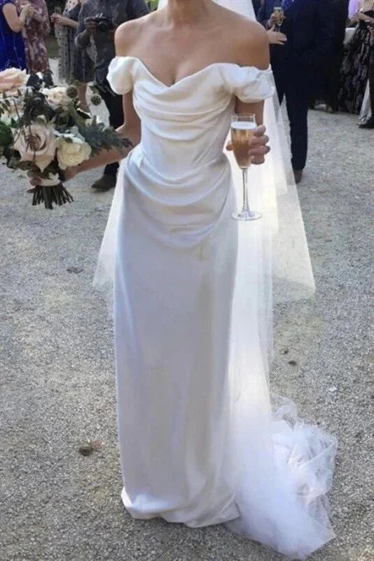 Off The Shoulder A Line Wedding Dress Satin Birthday Dress