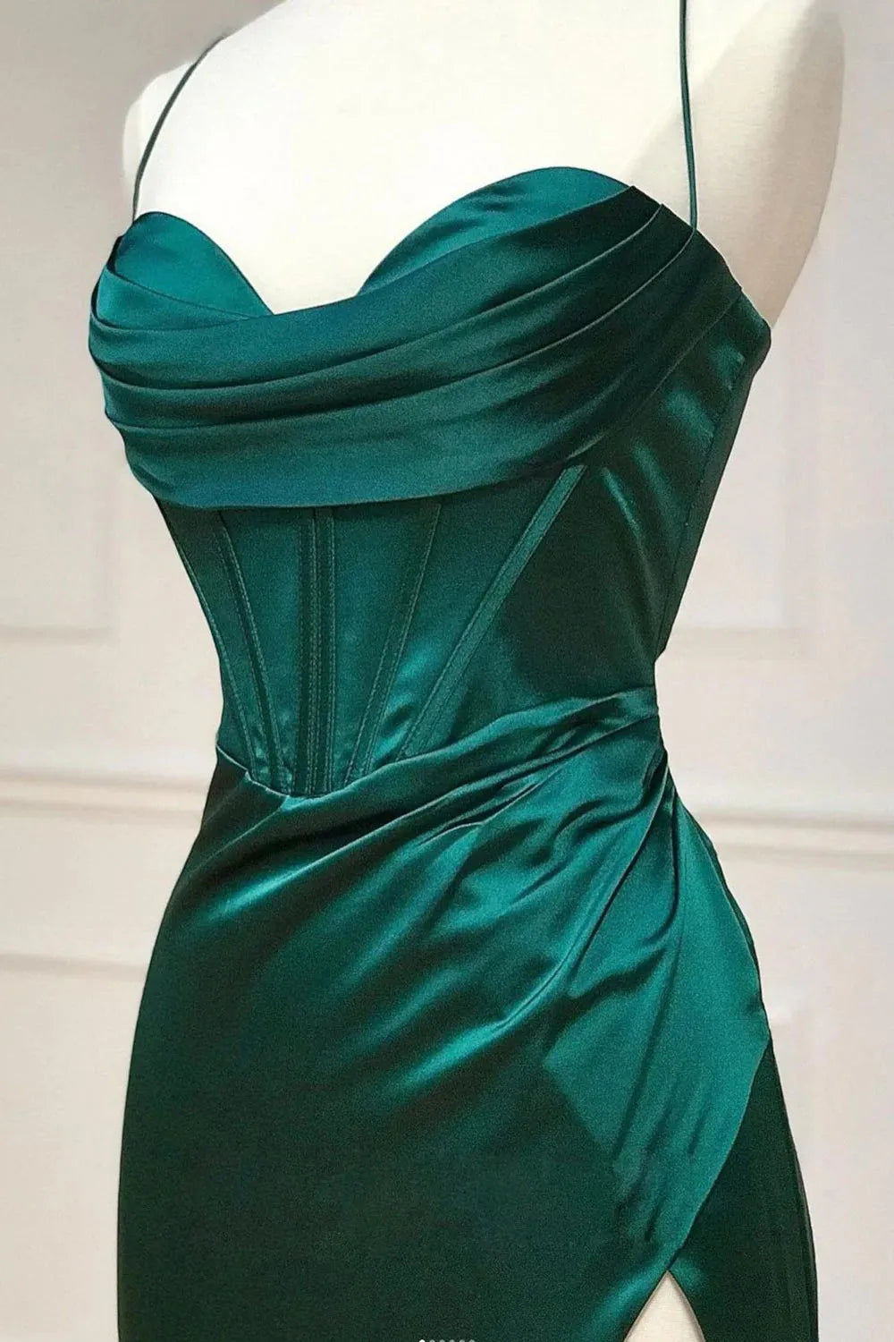 Spaghetti Straps Dark Green Corset Prom Dress with Split Front