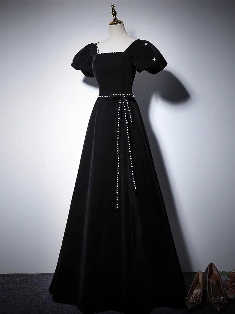 A-Line Velvet Black Long Prom Dress