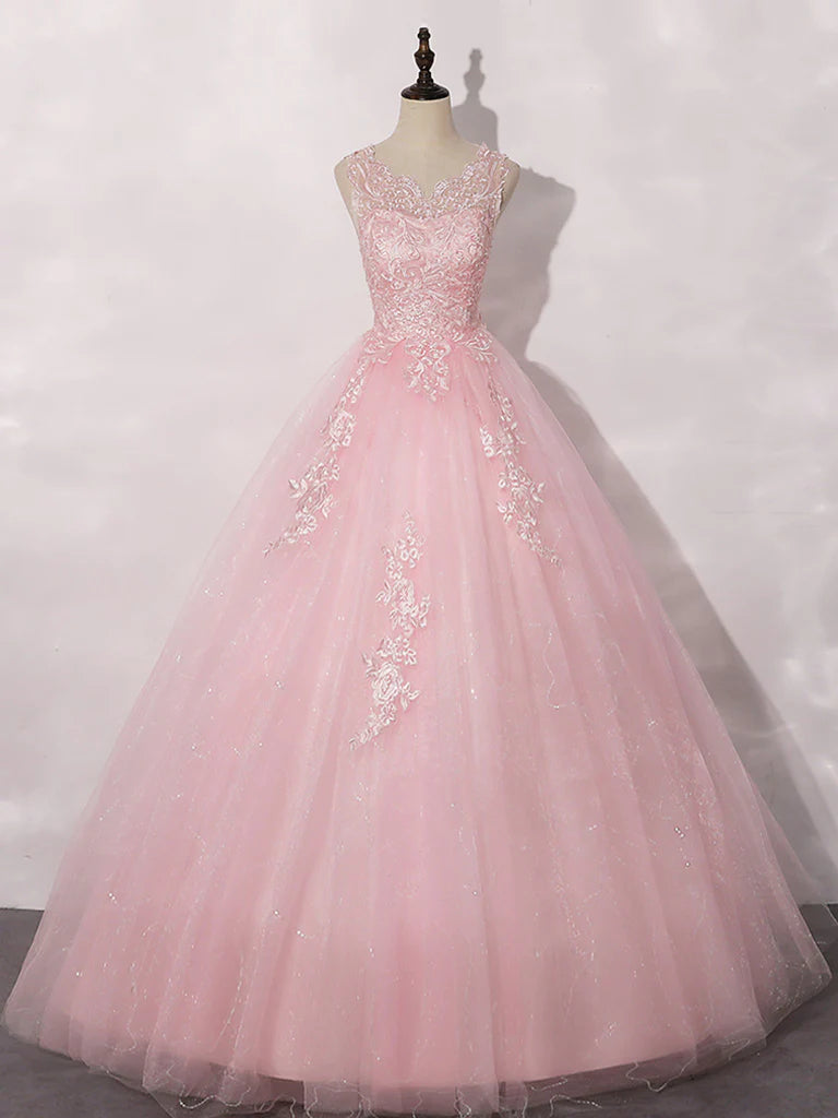 A-Line Round Neck Tulle Lace Pink Long Prom Dress