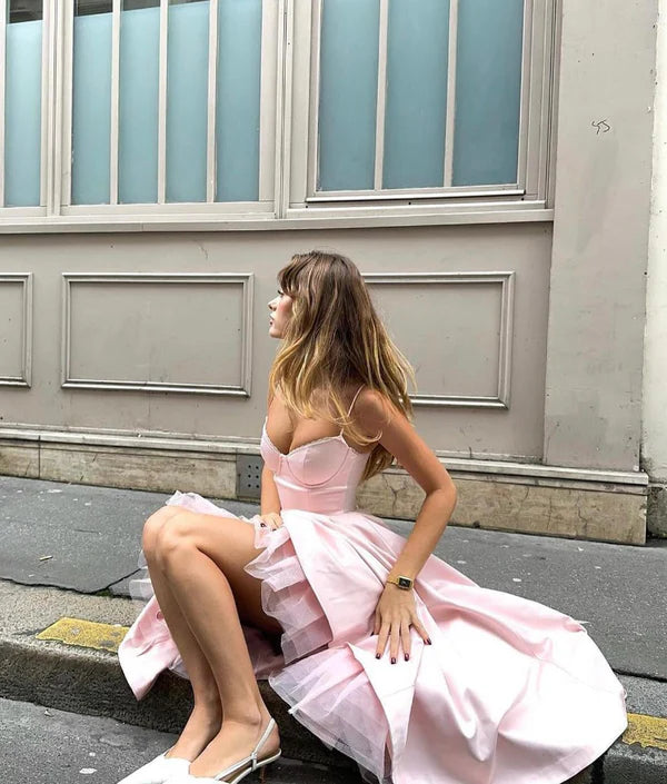 A Line Spaghetti Strap Light Pink Tulle Satin Prom Dress Evening Dress