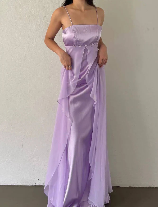 A Line Spaghetti Strap Satin Tulle Long Prom Dress Evening Dress