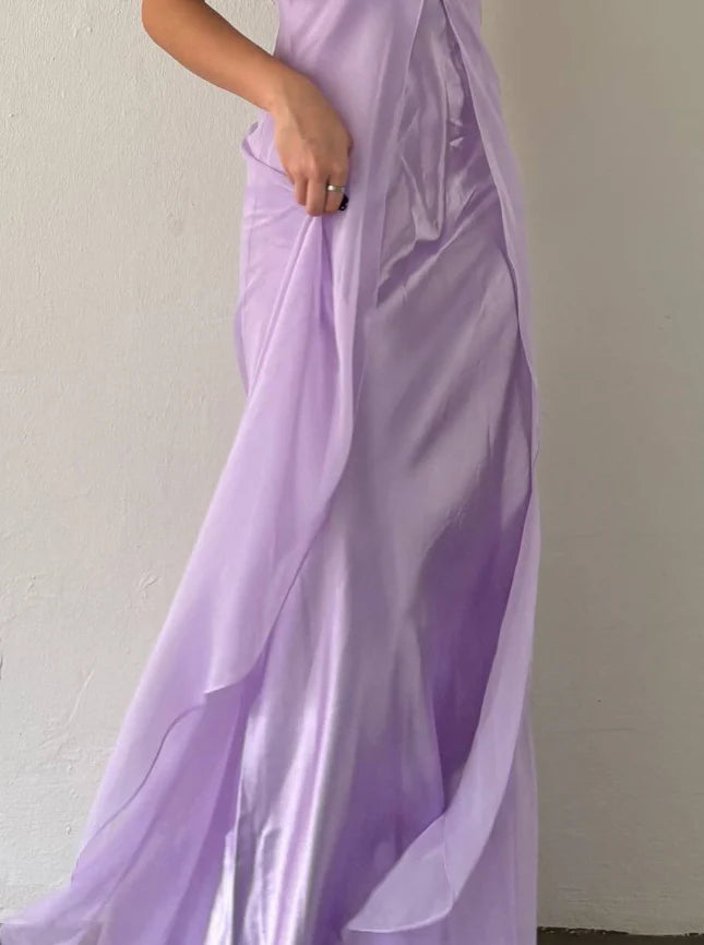 A Line Spaghetti Strap Satin Tulle Long Prom Dress Evening Dress