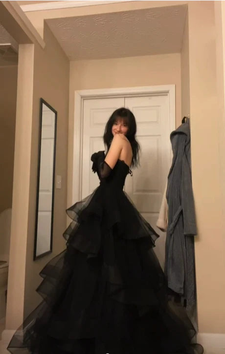 A Line Sweetheart Neck Black Tiered Tulle Long Prom Dress Evening Dress