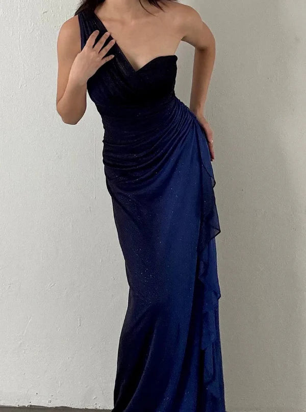 Sheath One Shoulder Navy Blue Ombre Chiffon Long Prom Dress Evening Dress