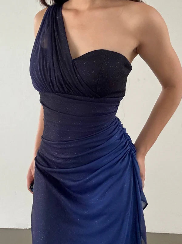 Sheath One Shoulder Navy Blue Ombre Chiffon Long Prom Dress Evening Dress