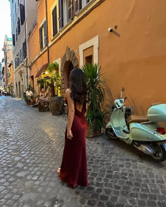 Sheath V Neck Burgundy Satin Open Back Long Prom Dress Graduation Prom Dress