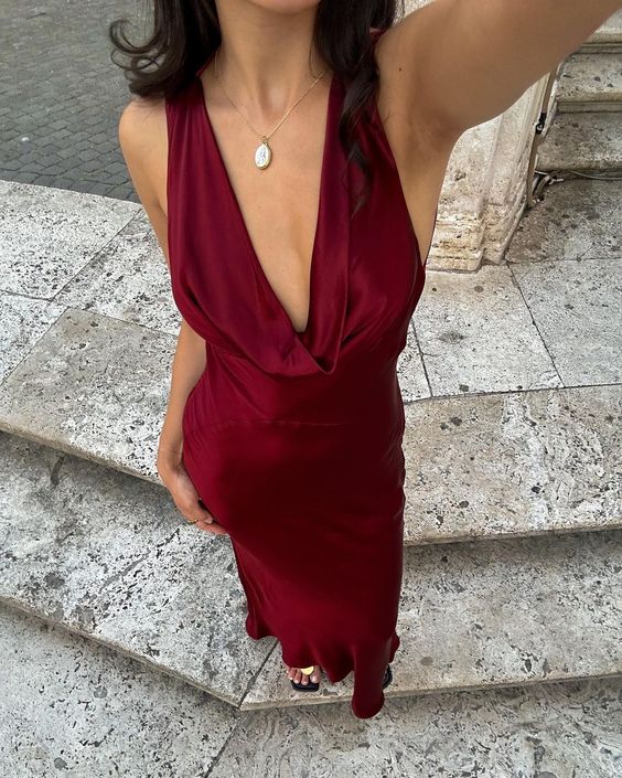 Sheath V Neck Burgundy Satin Open Back Long Prom Dress Graduation Prom Dress