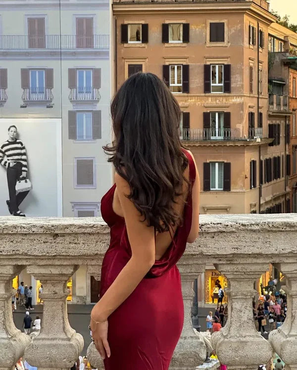 Sheath V Neck Burgundy Satin Open Back Long Prom Dress Graduation Prom Dress