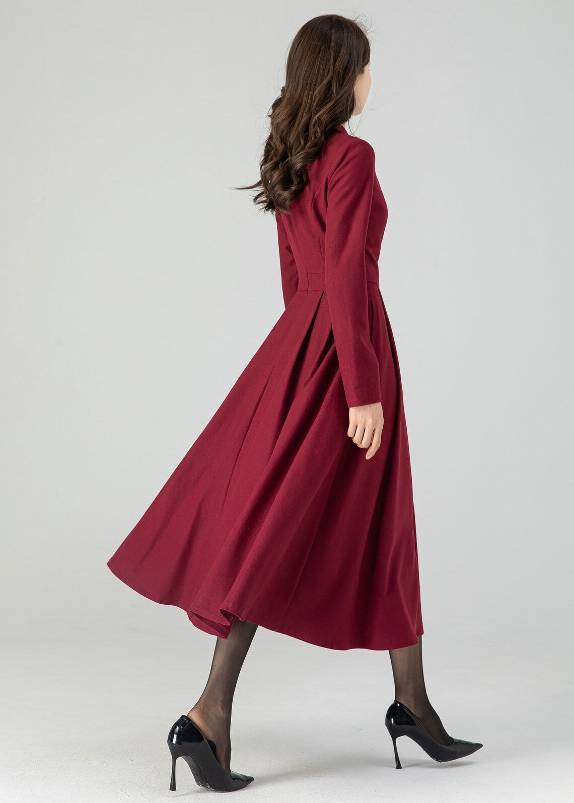 Wool Dress Women Pleated Prom Dress with pockets Midi Wool Dress Burgundy Dress Autumn Dresses