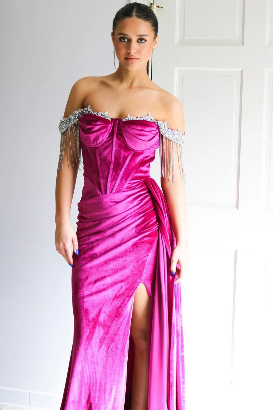 Velvet Off-the-Shoulder Fringe Long Prom Dress
