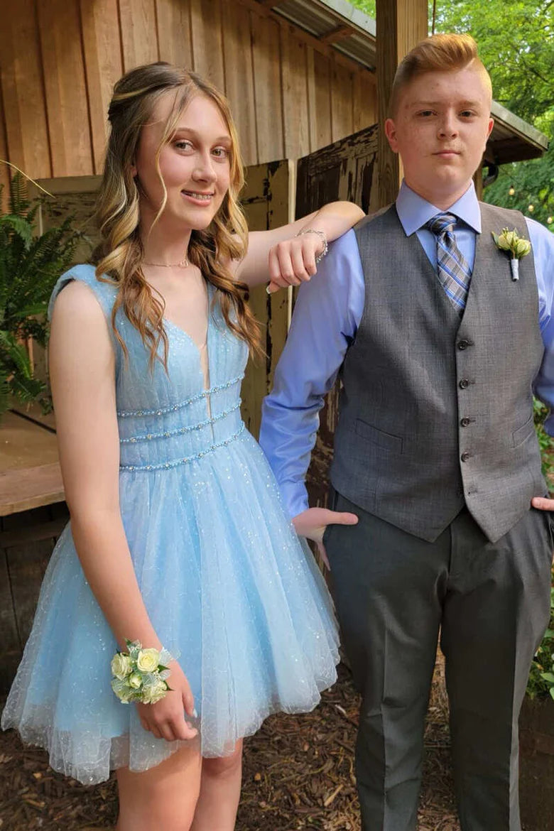 Light Blue V-Neck A-Line Short Homecoming Dress