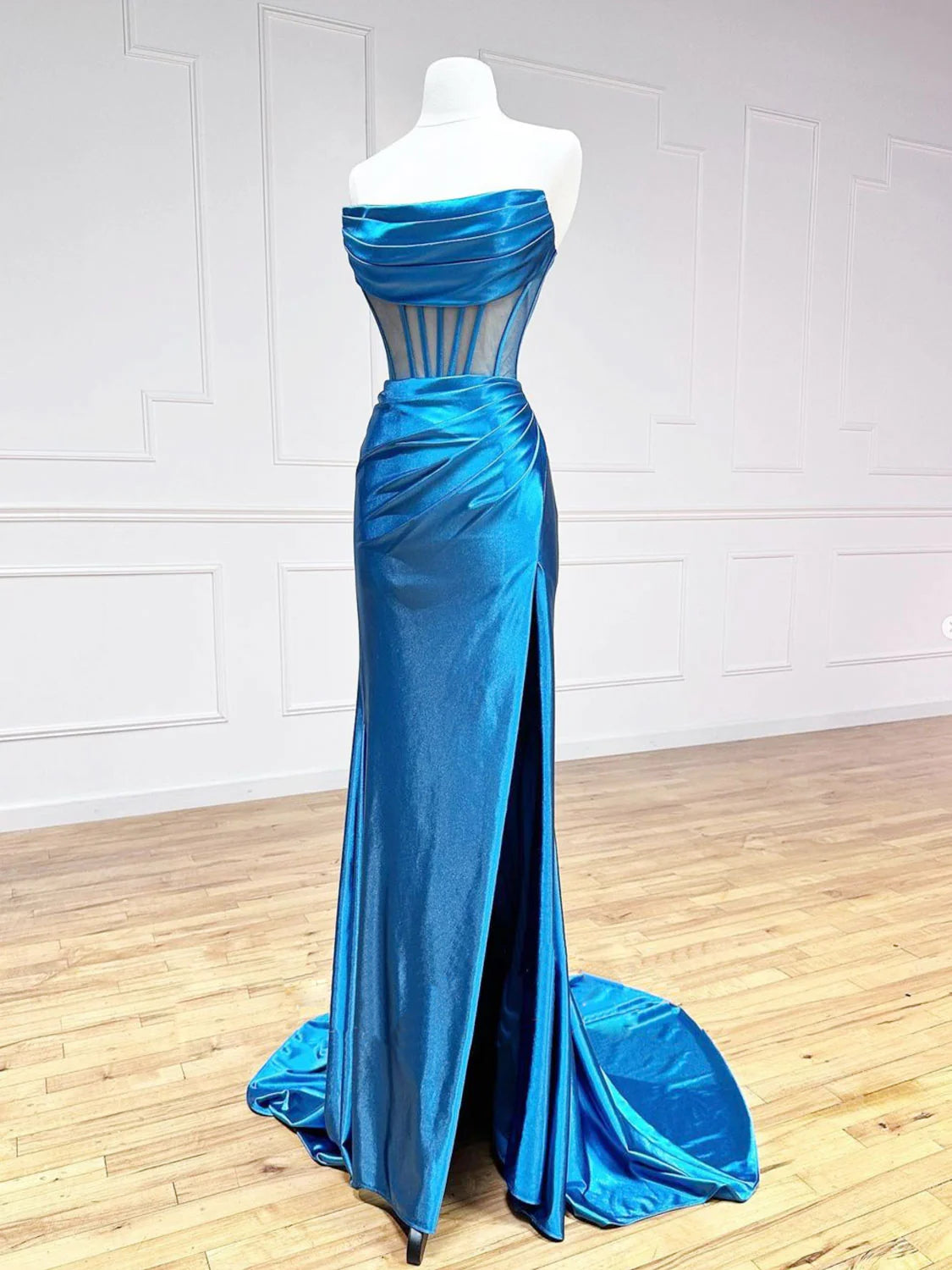 Blue Satin Long Prom DressMermaid Blue Formal Evening Dresses