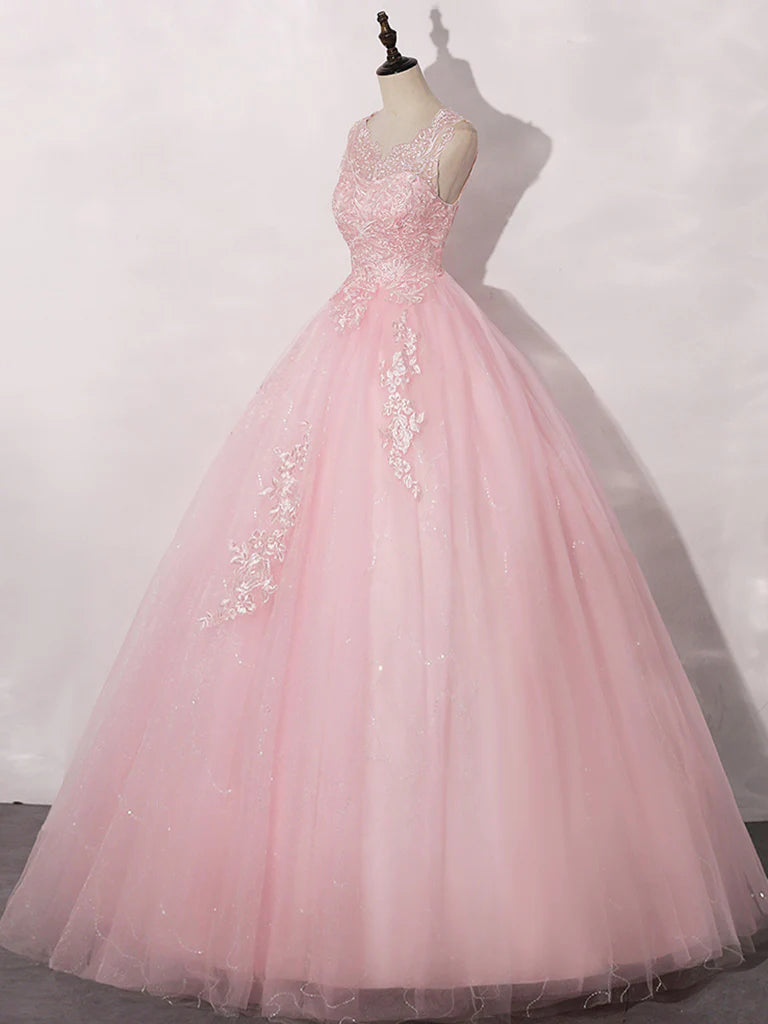 A-Line Round Neck Tulle Lace Pink Long Prom Dress