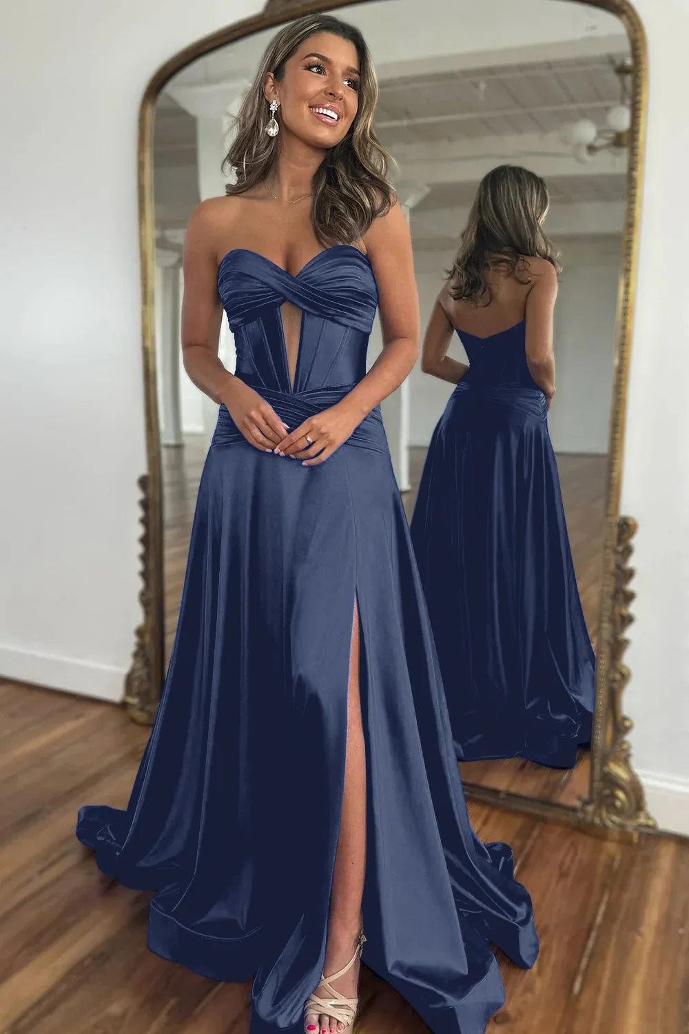 A-Line Sweetheart Blue Corset Prom Dress with Split Front