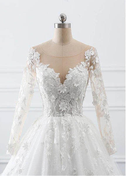 A Line Wedding Dresses Long Sleeves With Applique Tulle Covered Button Sweep Train