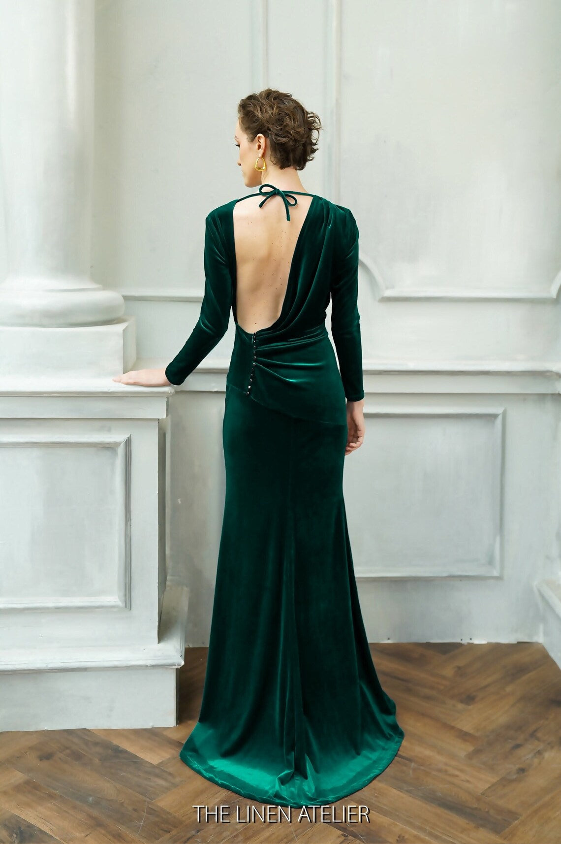 Green Velvet Slip Dress Wedding Guest Dress Winter  Velvet Dresses For Women  Deep V-neck Evening Gown