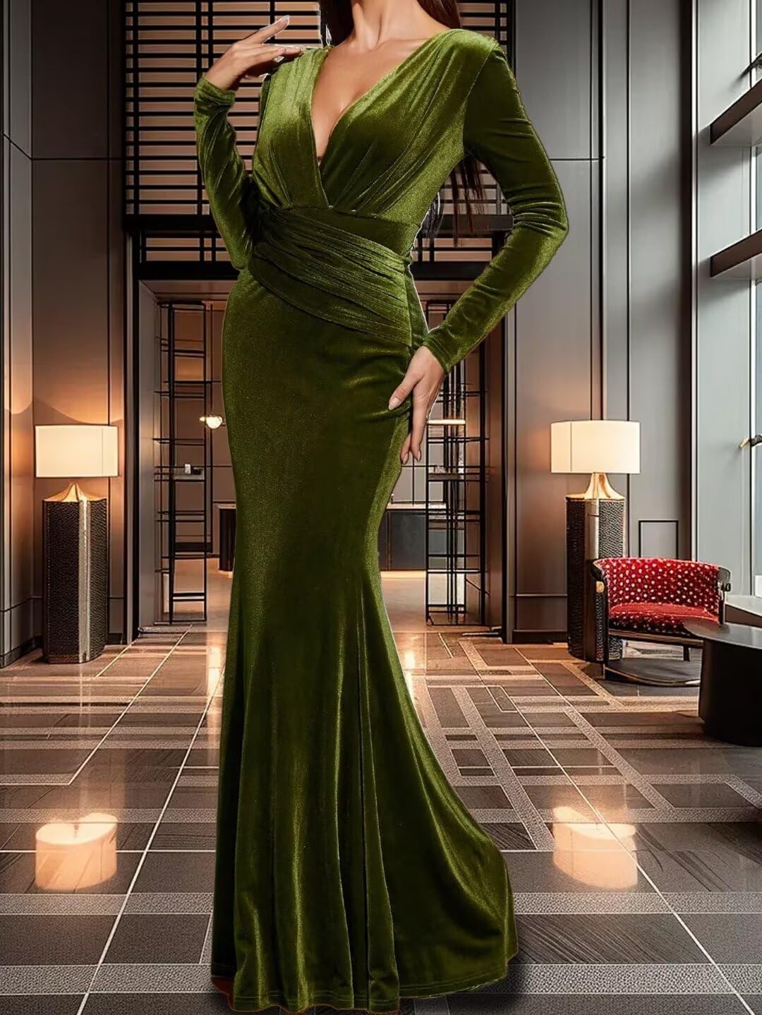 Women Formal Long Sleeves Women's Formal Prom Dresses Sexy Wrap V-Neck Mermaid Evening Party Gown