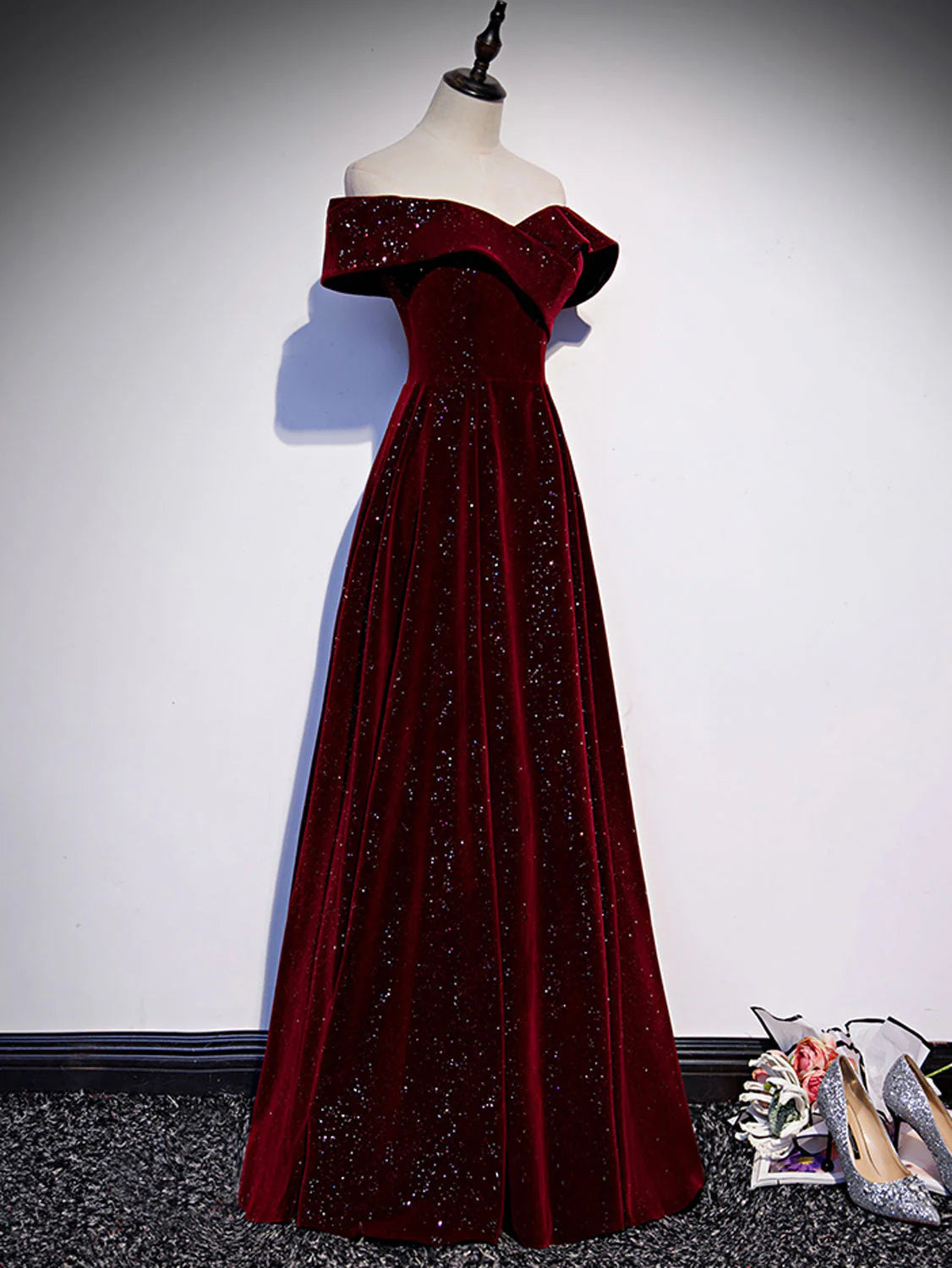 A-Line Off Shoulder V Neck Velvet Burgundy Long Prom Dress