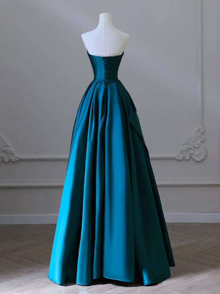 A-Line Strapless Satin Peacock Blue Long Prom Dress