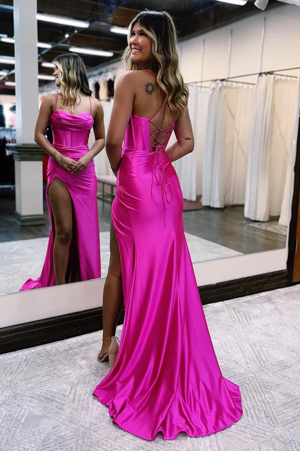 Hot Pink Spaghetti Straps Satin Mermaid Prom Dress with