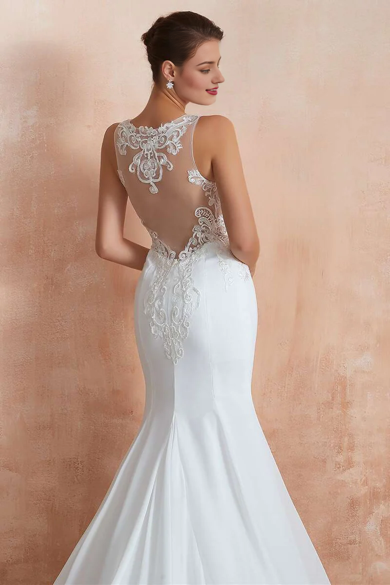 Sheer Lace Sleeveless Mermaid Long Wedding Dress