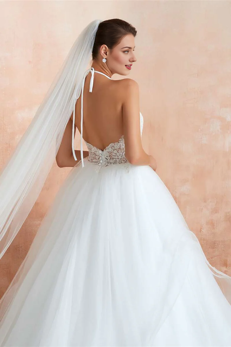 Chic Lace Halter Backless A-Line Wedding Dress